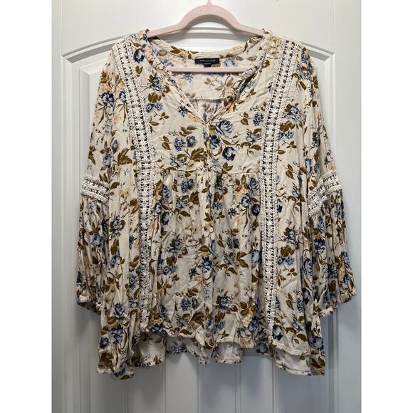 American Eagle Women’s V Neck Floral Bohemian Comfy Blouse Top Sz XL Beige Brown - Picture 1 of 3